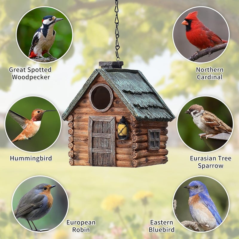 MINWOLF Bird Houses for Outside Real Wood-Look Resin Bird House with Hanging Chain – Waterproof & Durable Forest Birdhouses for Outdoors for Bluebird Finches Cardinals Bird Nesting Garden, Patio, Yard - Image 2